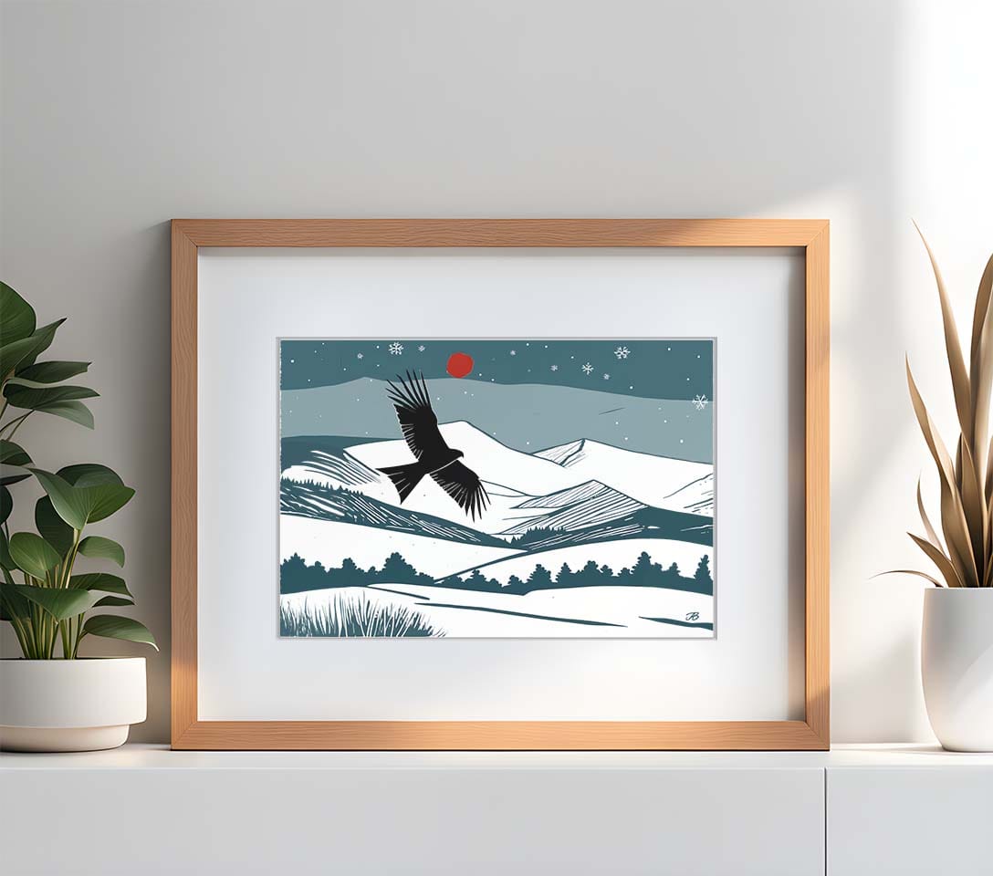 Red Kite flying over wintry Brecon Beacons, Wales, Fine Art Print, Linocut Inspired