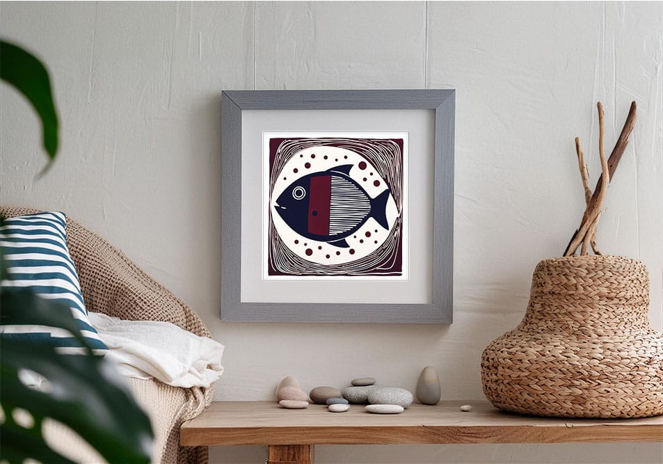 Digital Linocut Print of a deep sea fish in Coastal themed art