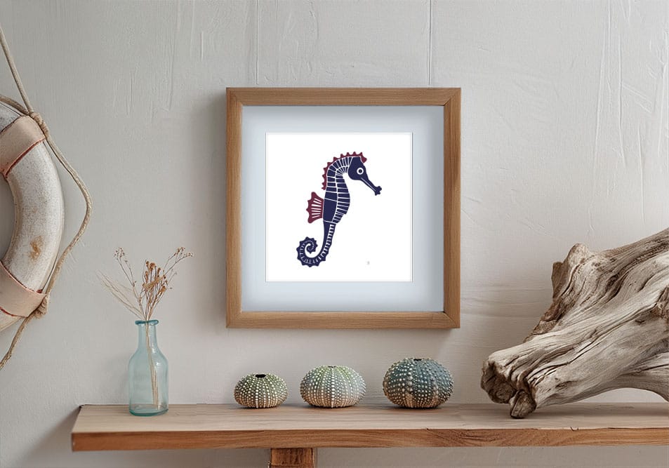 Sea Horse - Maroon and Navy on White Art Print