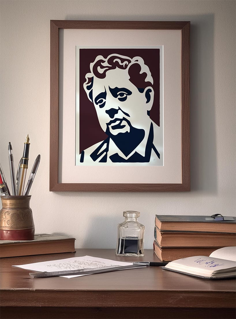 Linocut style portrait of Welsh poet Dylan Thomas, Navy and Maroon on White